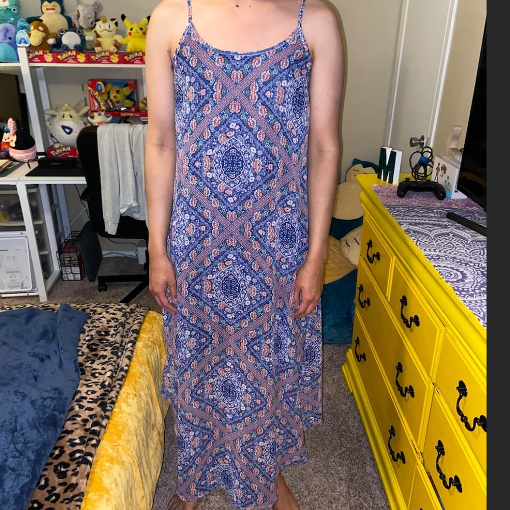 Blue and Pink Floral Sundress with Side Slits and Short Attached Slip